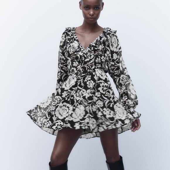 Zara Floral Print Mini Dress with Ruffles in Black / White - Picture 1 of 16
